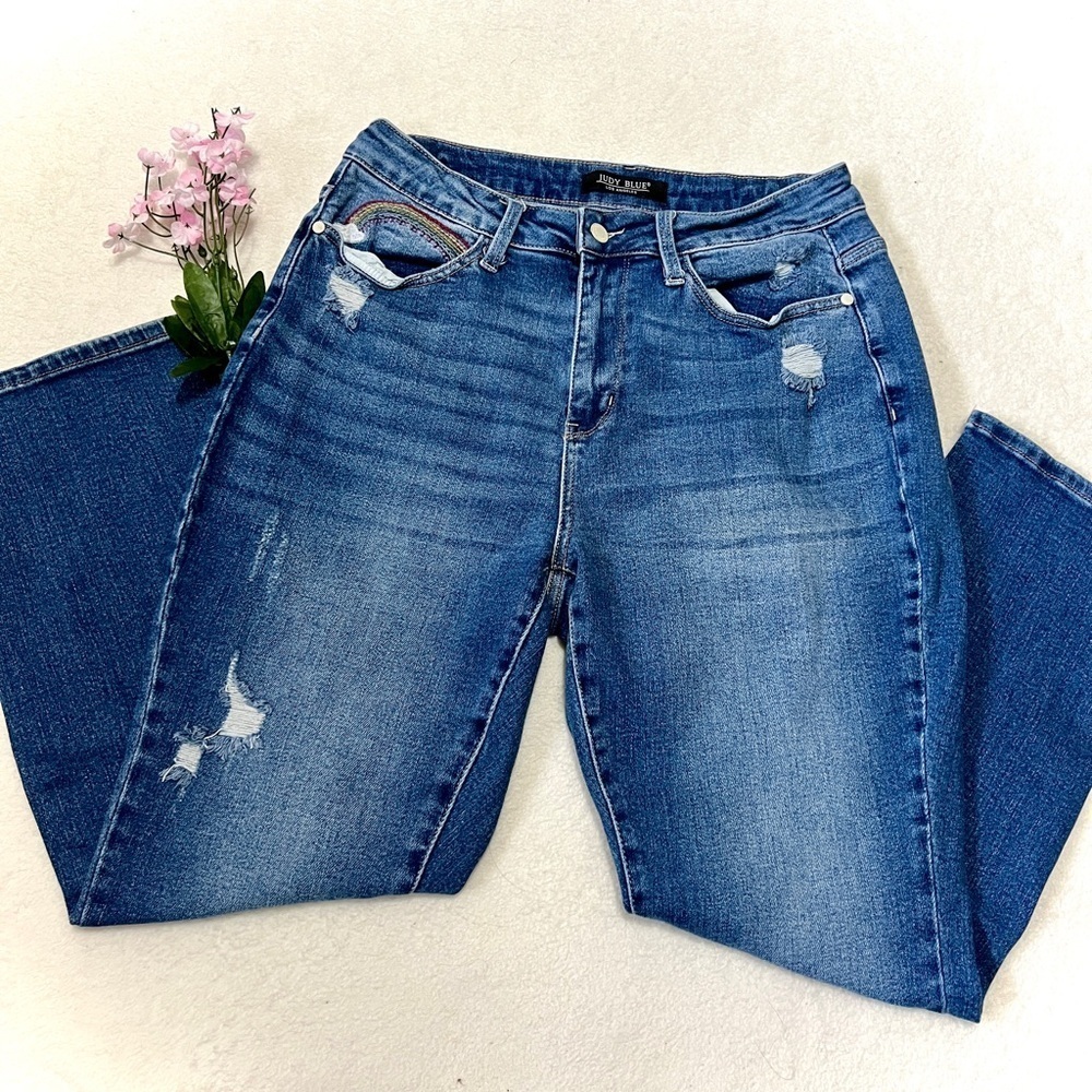 Judy Blue Embroidered Rainbow Slim Fit Jeans - Size 14W (31")